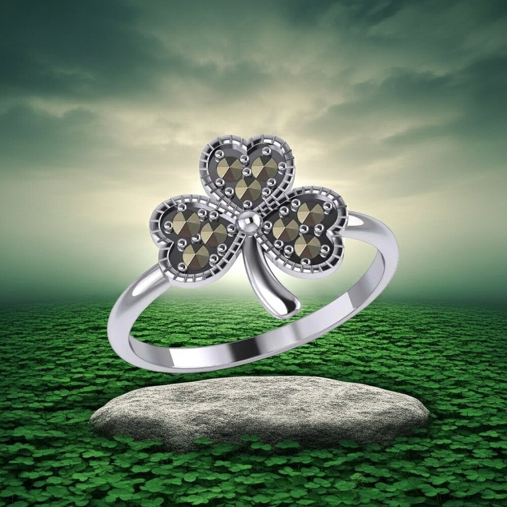 Celtic Irish Shamrock Marcasite Sterling Silver Ring, Size 7